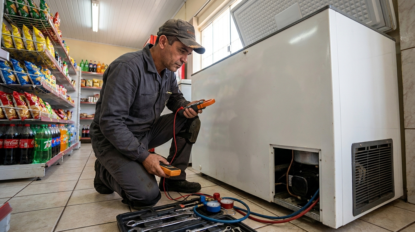 Reparo da placa eletrônica de um freezer em atendimento em Santos‑SP