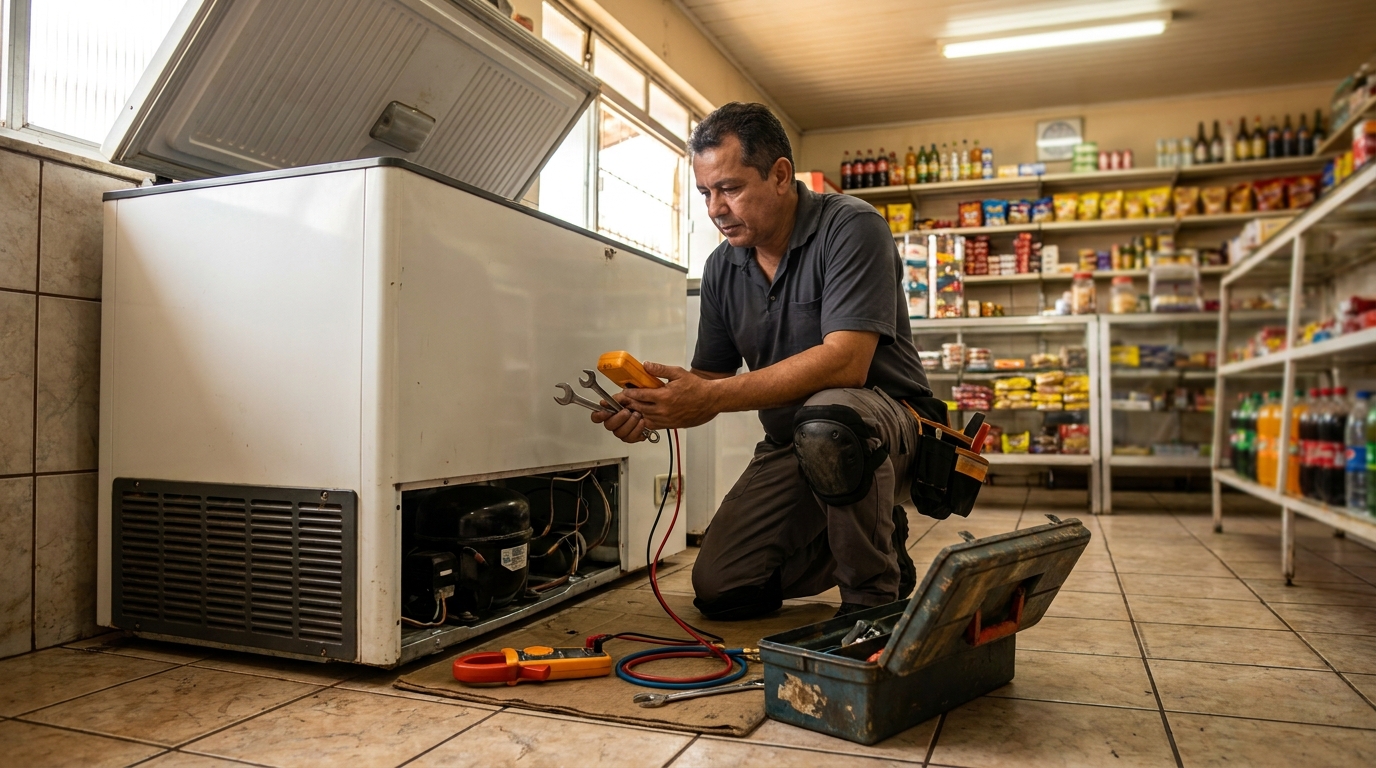 Técnico reparando o motor de um freezer horizontal em Santos‑SP