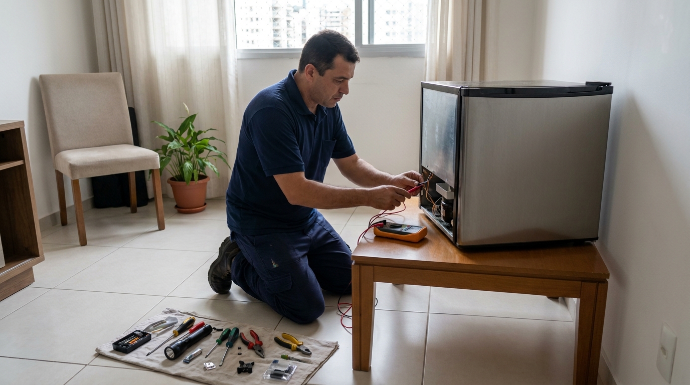 Técnico revisando o motor de um frigobar em Santos‑SP