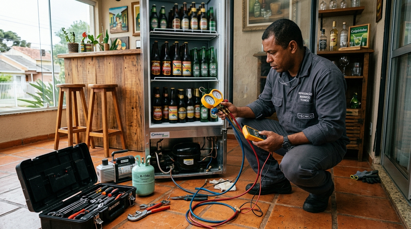 Técnico conferindo a temperatura de uma cervejeira durante atendimento em Santos‑SP